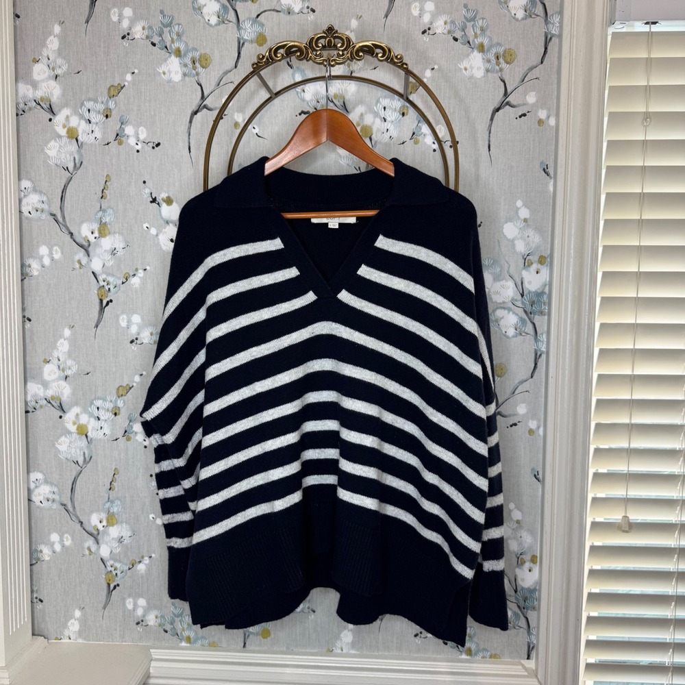 Loft Womens Navy White Striped V-Neck Collared Sweater Size S RN140923
